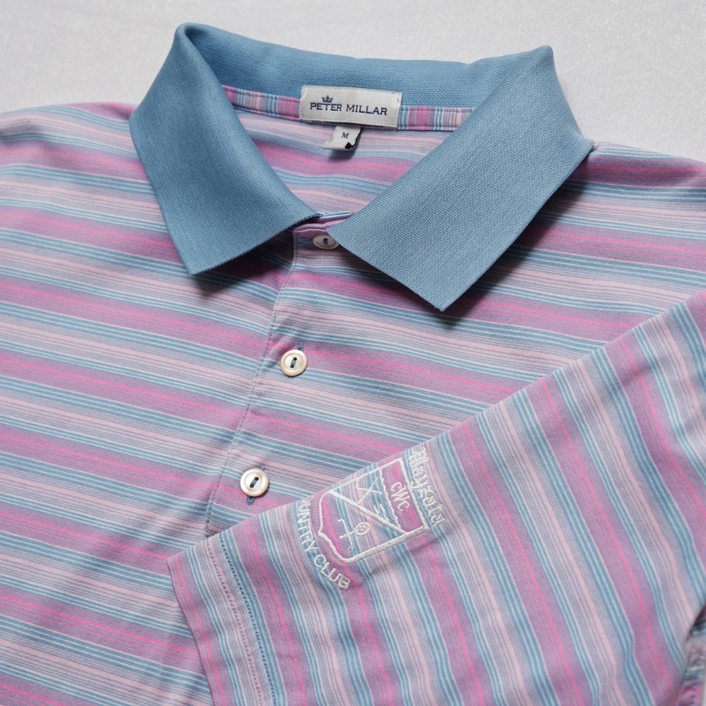 Peter Millar Polo Shirt Mens M Pink Blue Stripe Wayzata Country Club Crest Logo